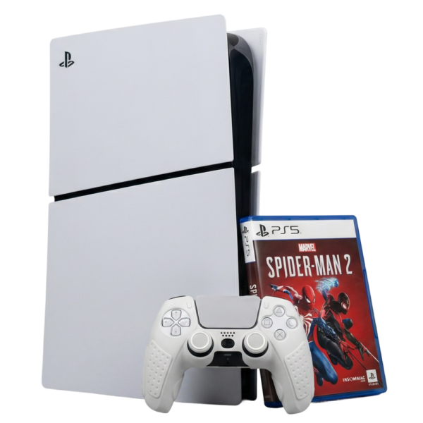 PS5 gaming bundle with console, white DualSense controller, and Marvel's Spider-Man 2 game case.