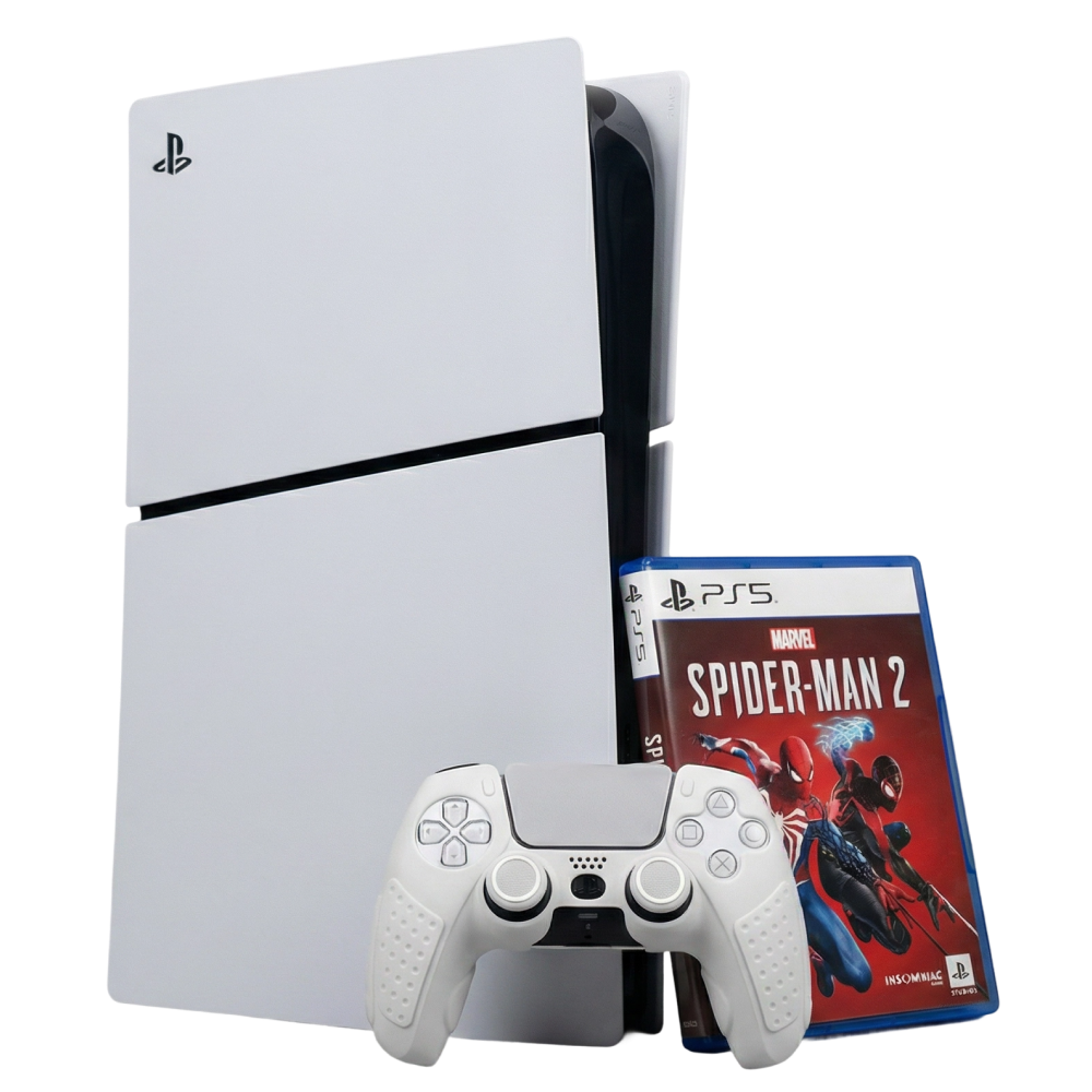 PS5 gaming bundle with console, white DualSense controller, and Marvel's Spider-Man 2 game case.