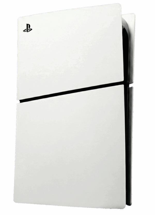 Consolă ps5 slim cu disc, design modern alb, afișată pe pagina de produs pentru PlayStation 5 Slim.
