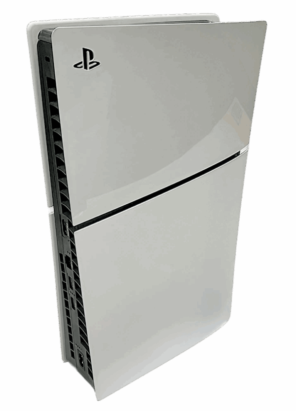 PlayStation 5 Slim console front angle view, showcasing sleek design for keyword 6 on product page.