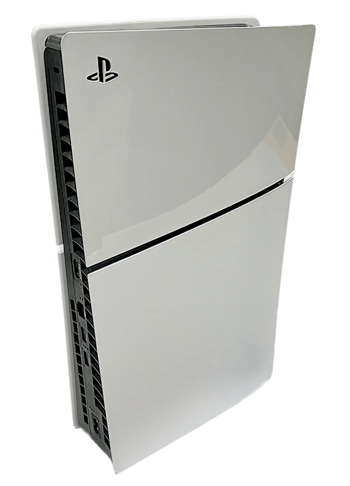 PlayStation 5 Slim console front angle view, showcasing sleek design for keyword 6 on product page.