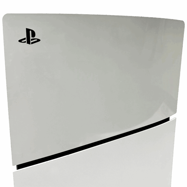 PlayStation 5 Slim cu disc, design modern alb, logo PS pentru consola de ultimă generație gaming.