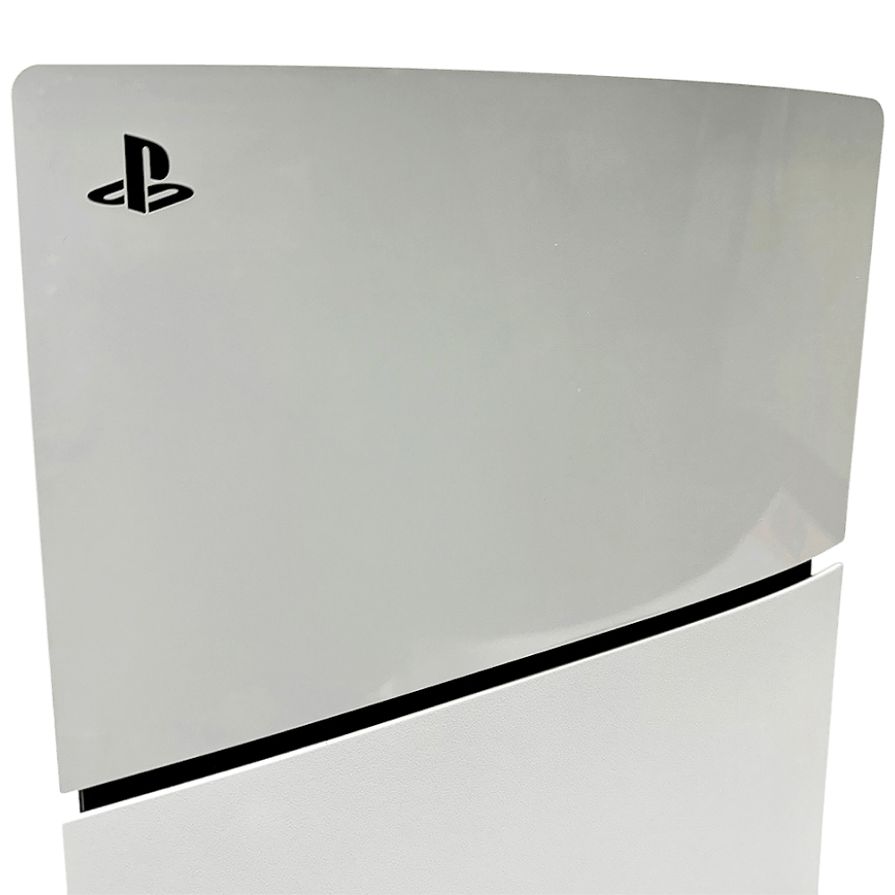 Close-up view of PlayStation 5 Slim console highlighting sleek design and keyword 6 features.