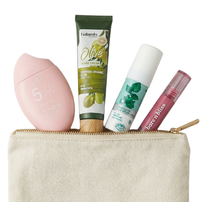 Four travel-sized skincare products partially inside a beige pouch, suitable for travel essentials.
