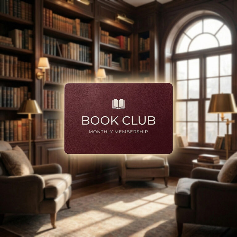 Monthly book subscription card for Book Club Membership displayed in an elegant library setting.