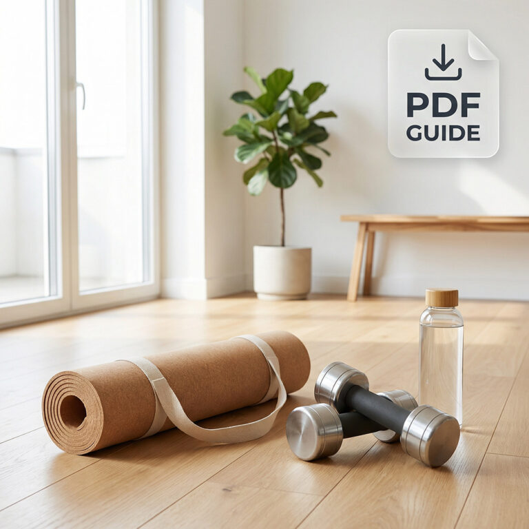 Circuit training guide PDF with yoga mat, dumbbells, and water bottle in a bright home workout space.