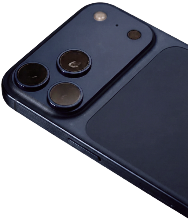 Close-up of the rear camera and side button on a blue iPhone 17 Pro displayed for sale.