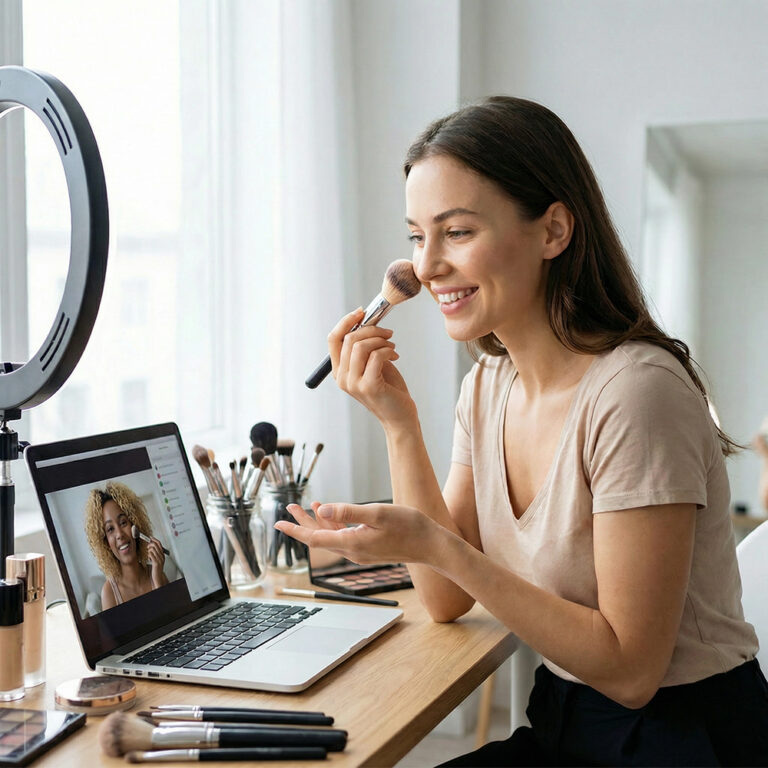 Woman following an online makeup class, applying makeup while watching a virtual lesson on her laptop.