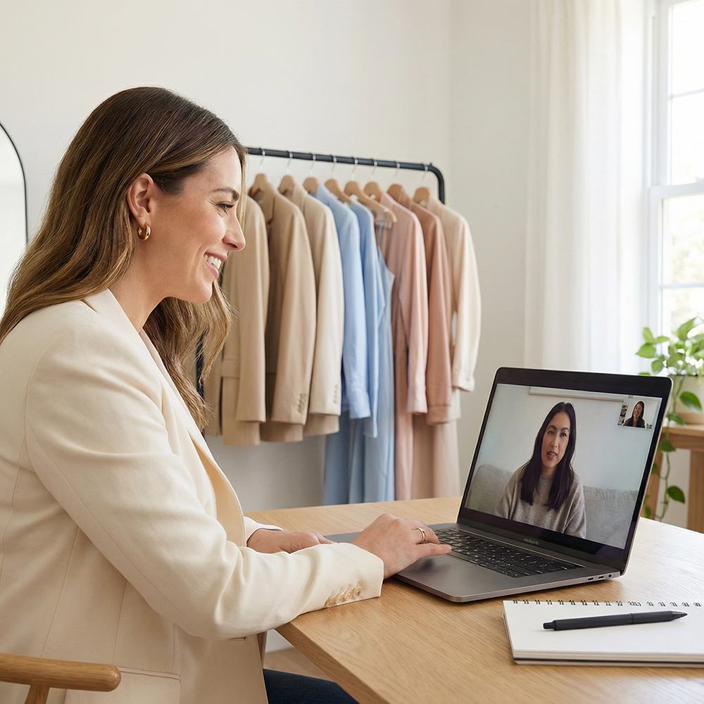 Woman having a virtual personal shopper consultation with another woman, clothing rack in the background.