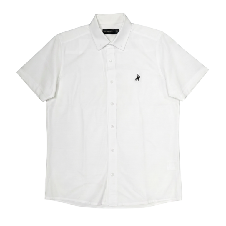 Men's fashion shirt, British Polo short sleeve white button-down with embroidered logo on chest.
