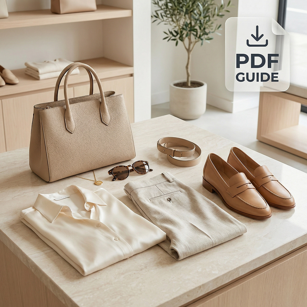 Neutral-toned outfit flat lay with bag, shoes, and accessories for personal styling PDF guide.
