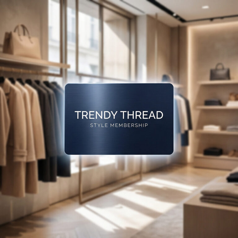 Subscription box card for Trendy Thread Style Membership displayed in a modern clothing boutique.