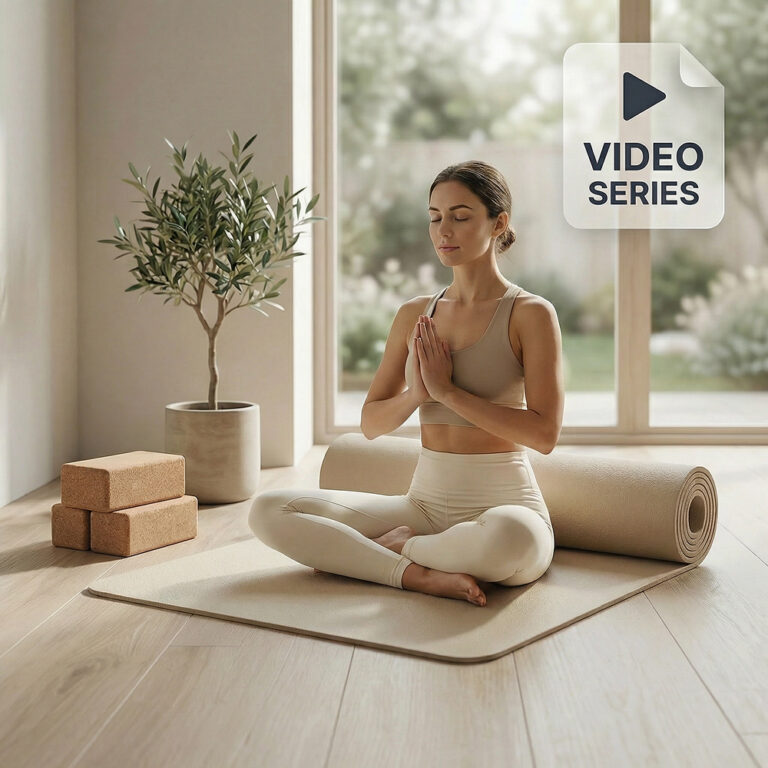 Woman meditating on yoga mat with props, promoting Yoga for Beginners fitness workout DVD video series.