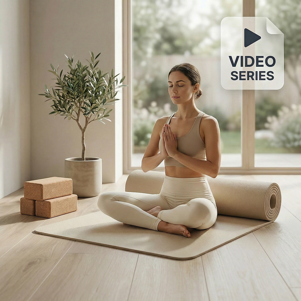 Woman meditating on yoga mat with props, promoting Yoga for Beginners fitness workout DVD video series.